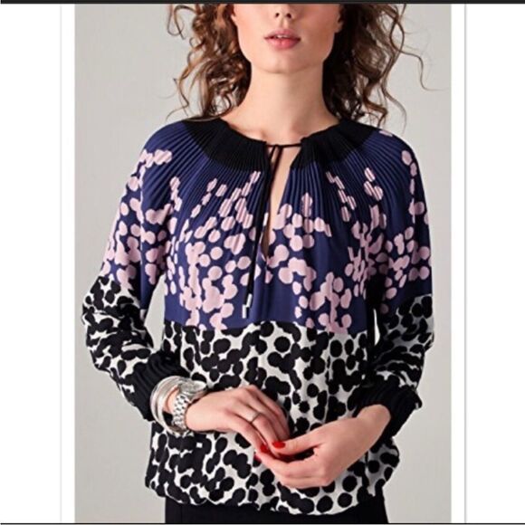 DIANE VON FURSTENBERG | Mikino Colorblock Pleated Dot Print Top Women’s Size 14 - Picture 10 of 10